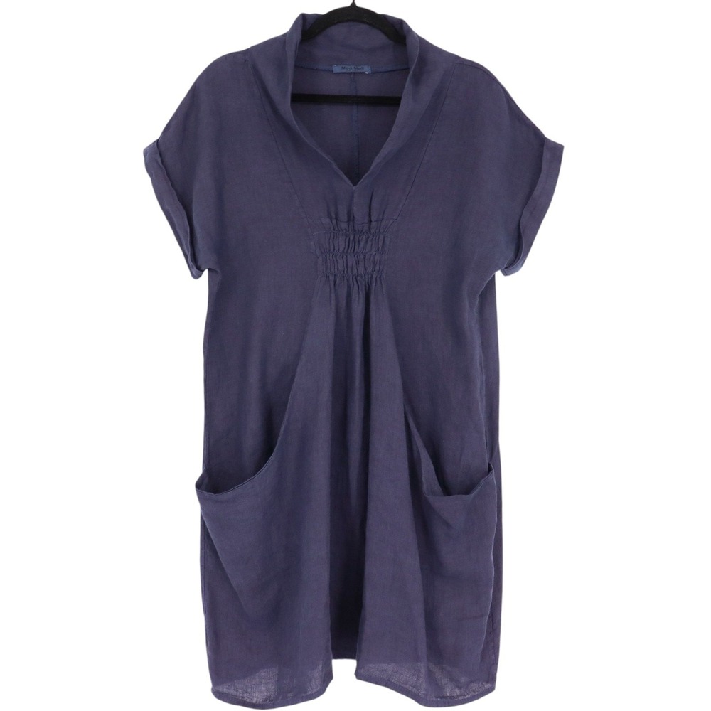Meo Meli Linen Smock Dress Womens Size M Navy Short Sleeve Pockets Lagenlook